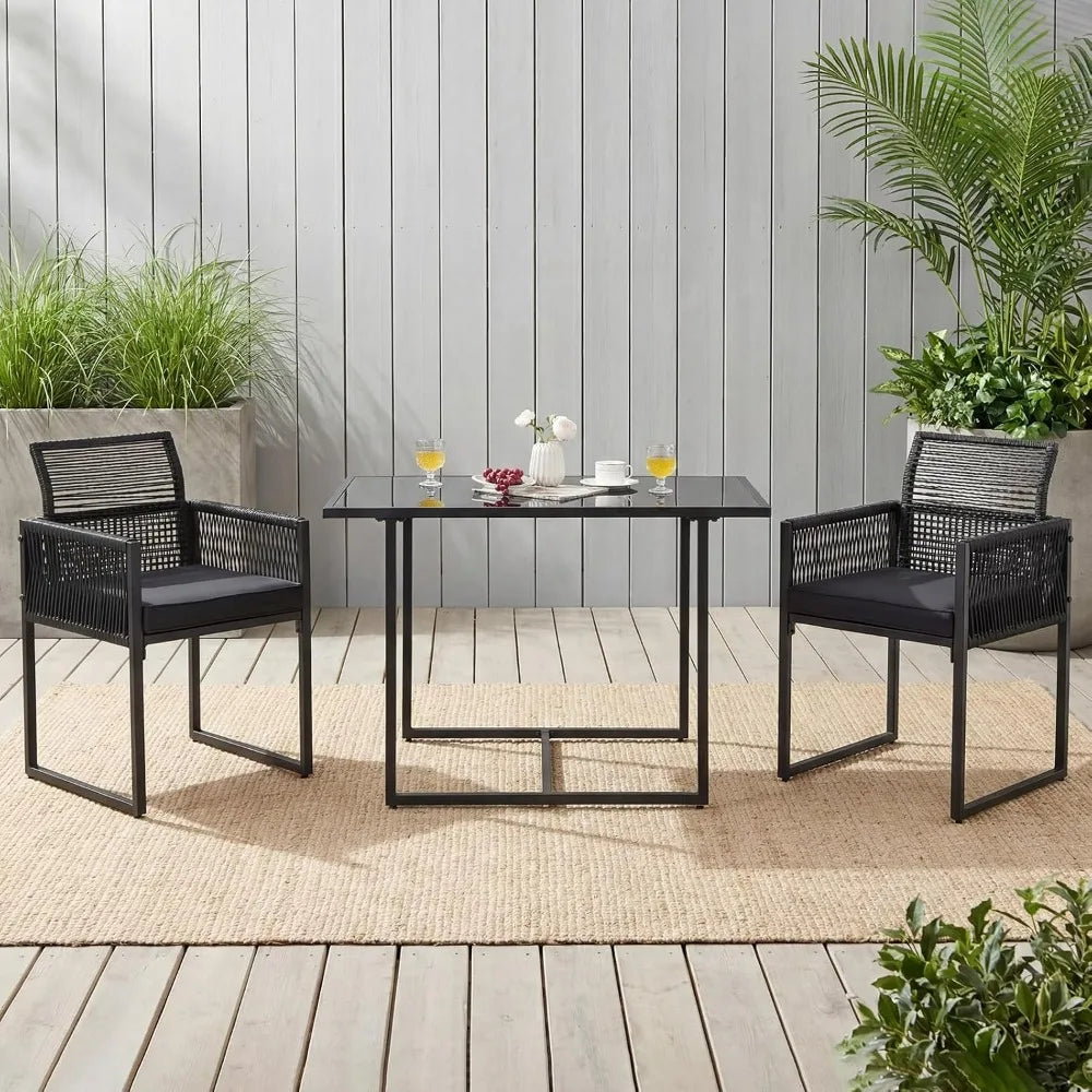 Tangkula 3 Pcs Outdoor PE Rattan Bistro Set Foldable Backrest Cushioned Tempered Glass Table Space Saving Patio Furniture