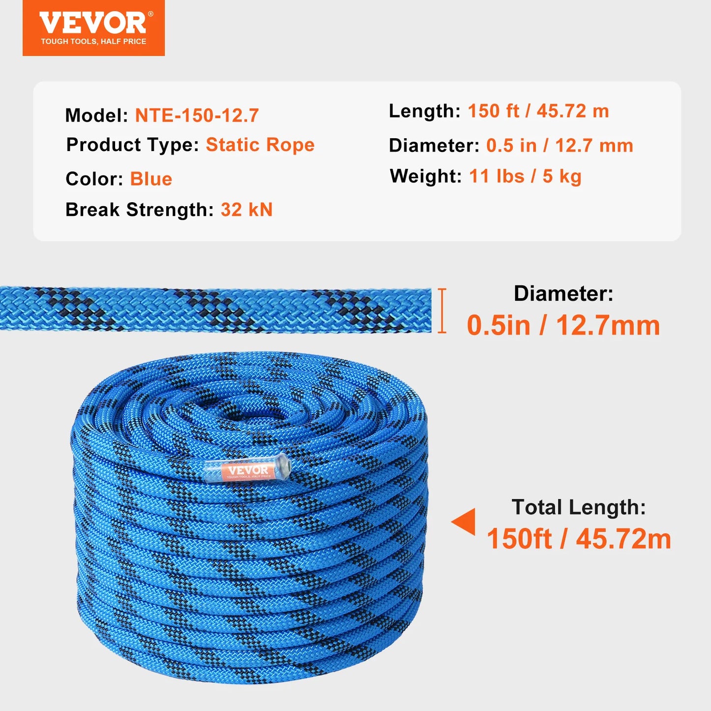 VEVOR Static Climbing Rope With Steel Snap Hooks 30 kN Breaking Strength