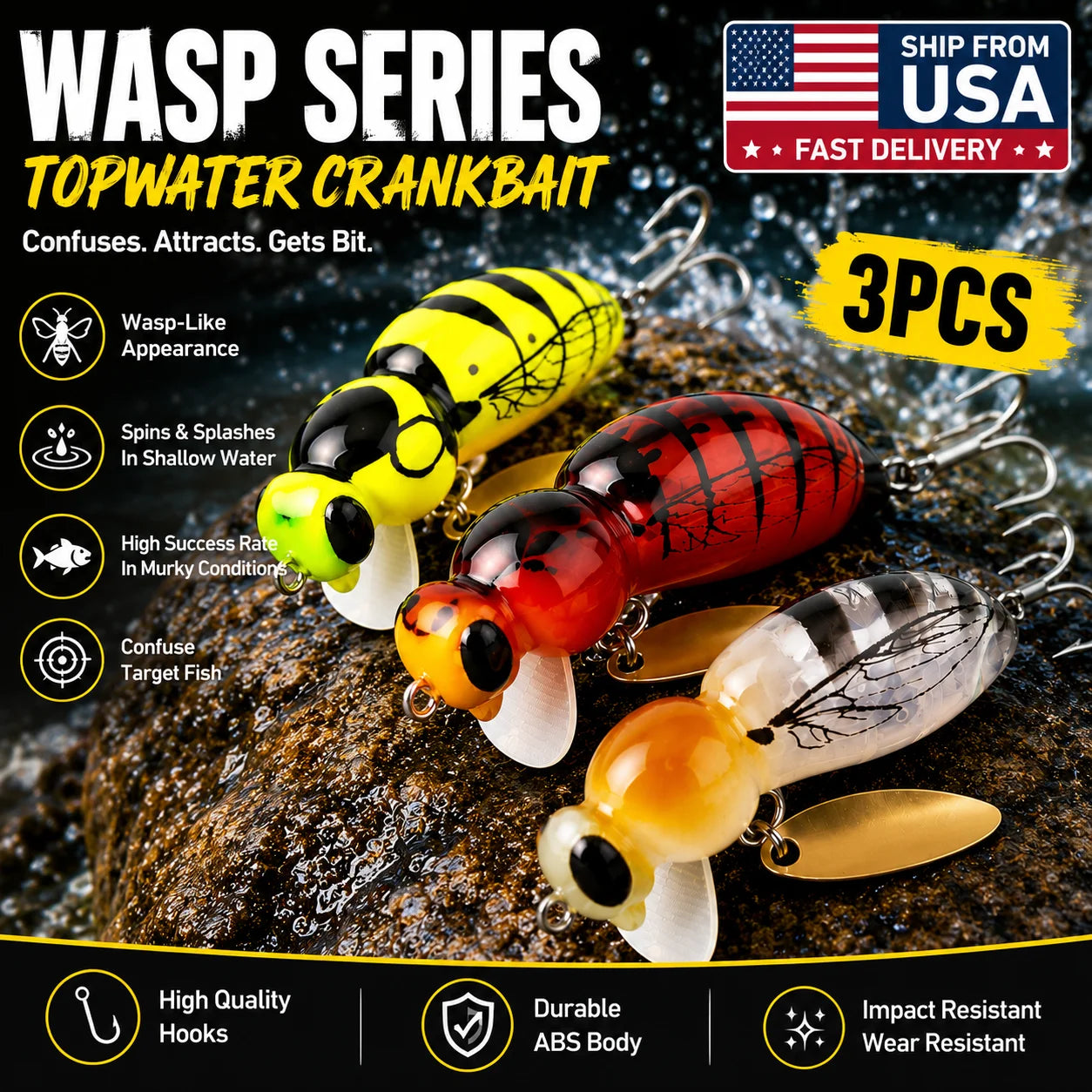 Kingdom 3Pcs Wasp Minnow Topwater Fishing Lure Two Types 35mm 3.9g Floating Spinner Single Hook Artificial Hard Baits Bass Pike
