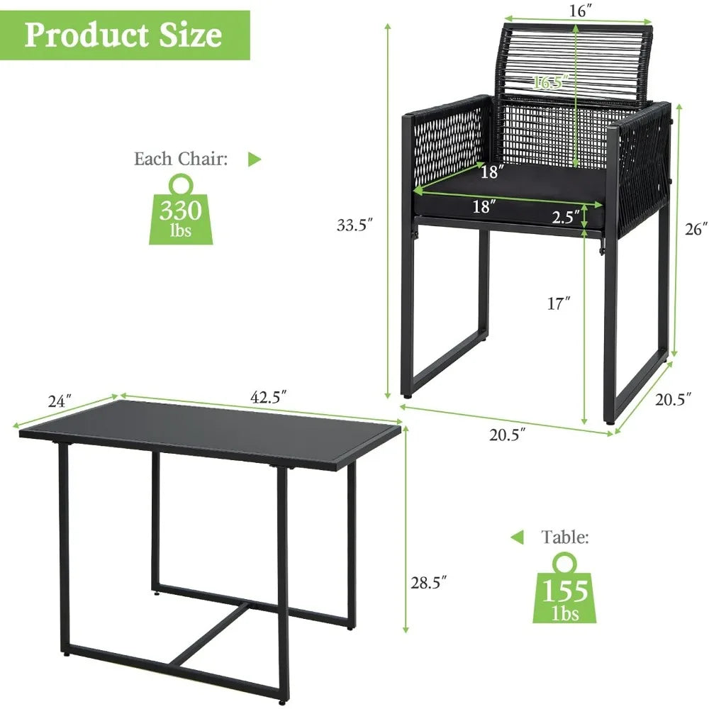 Tangkula 3 Pcs Outdoor PE Rattan Bistro Set Foldable Backrest Cushioned Tempered Glass Table Space Saving Patio Furniture