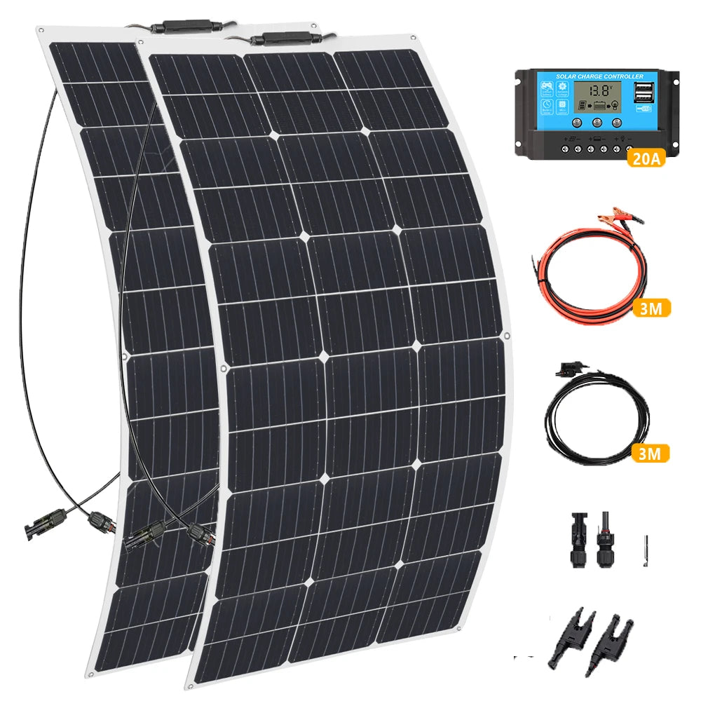 Solar Panel Complete Kit 12V 100W 200W 24V Flexible Photovoltaic 100W Controller Power for Battery Boat Rv Home Camper Camping