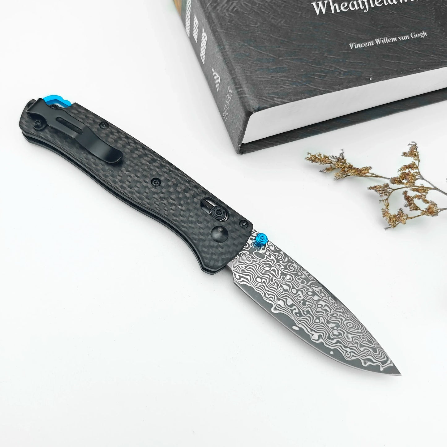 DIY Supplies BM 535 Damascus Folding Knife Carbon Fiber Handle