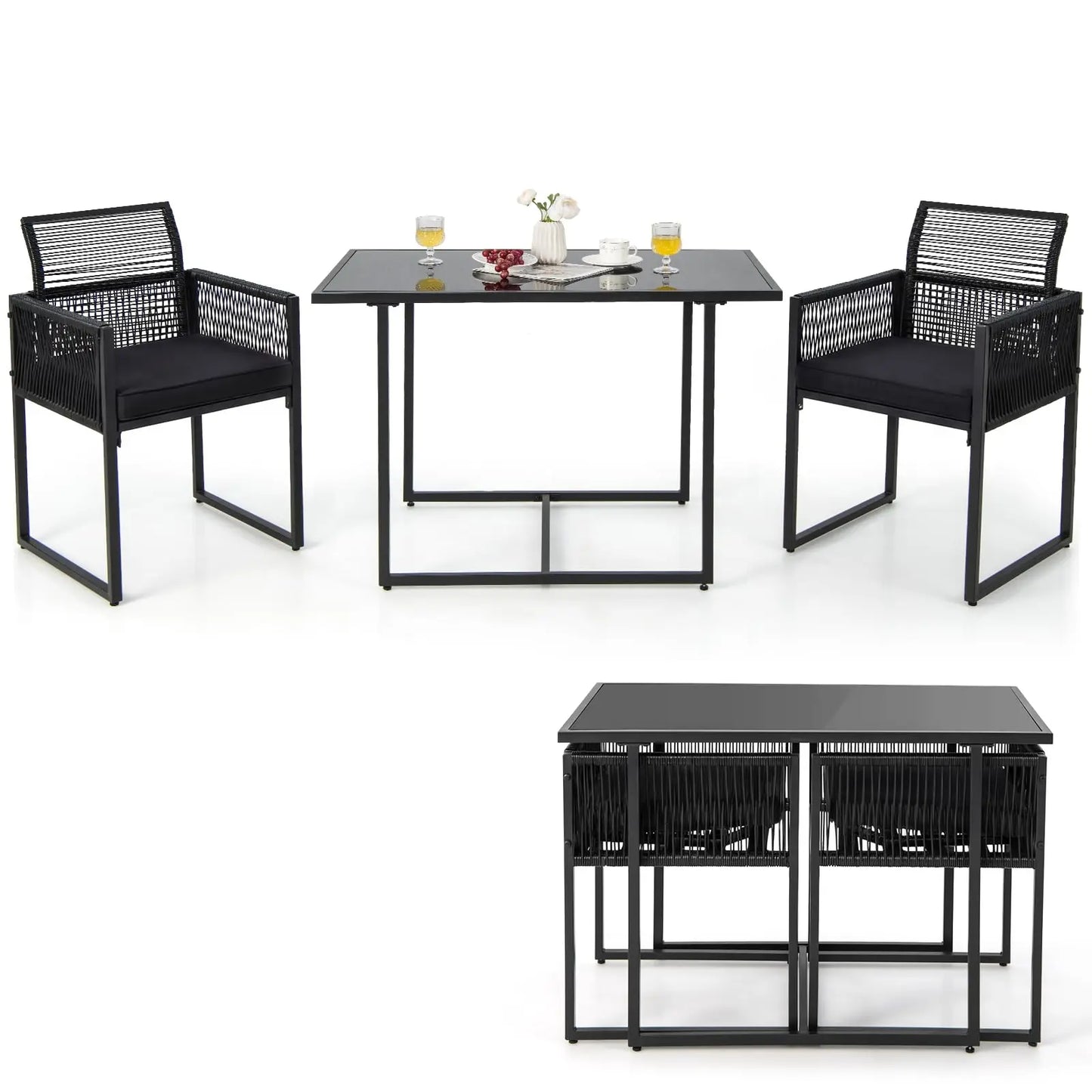 Tangkula 3 Pcs Outdoor PE Rattan Bistro Set Foldable Backrest Cushioned Tempered Glass Table Space Saving Patio Furniture