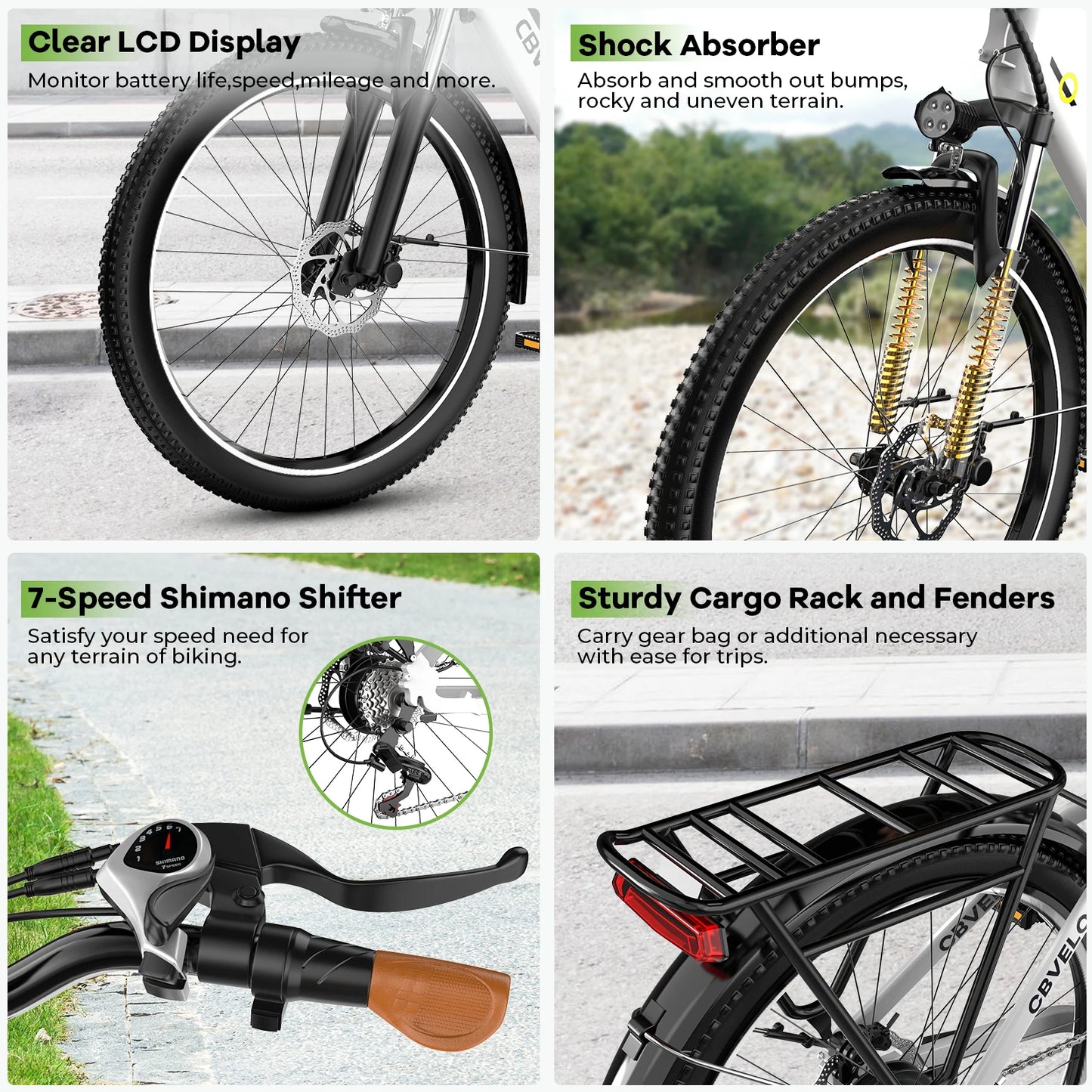 Cybervelo 1000W Peak 26" Electric Bike Adults 80Miles Removable Battery 7-Speed Ebike Beach Snow Commute E Bicycle for Men Women EK2