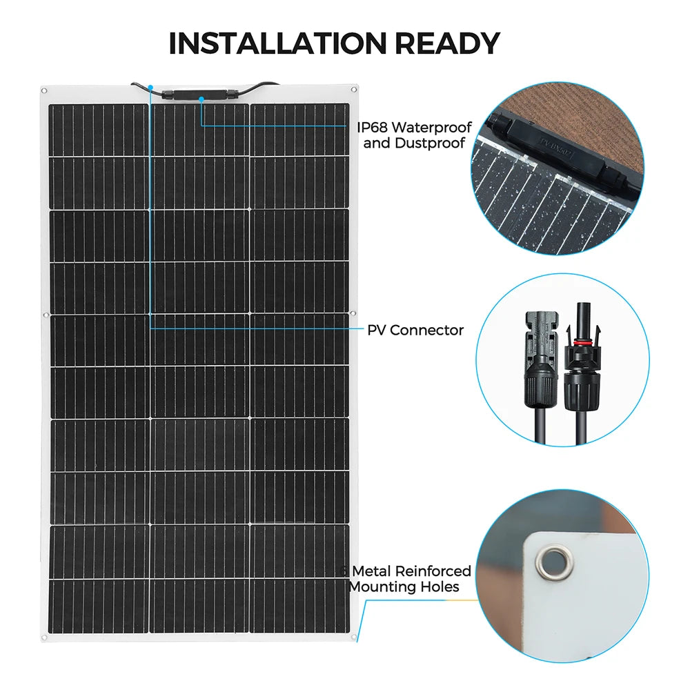 Solar Panel Complete Kit 12V 100W 200W 24V Flexible Photovoltaic 100W Controller Power for Battery Boat Rv Home Camper Camping