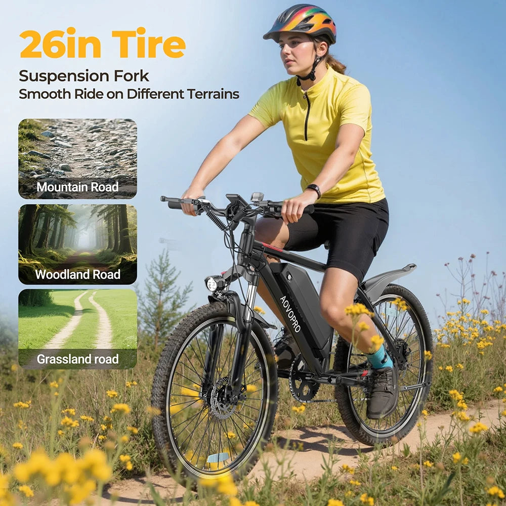 AOVOPRO BK520 26'' Electric Bicycle 750W Motor 48V 5.2AH Battery 22mph 7 Speed Mode 45miles Long Range Electric Bike for Adult