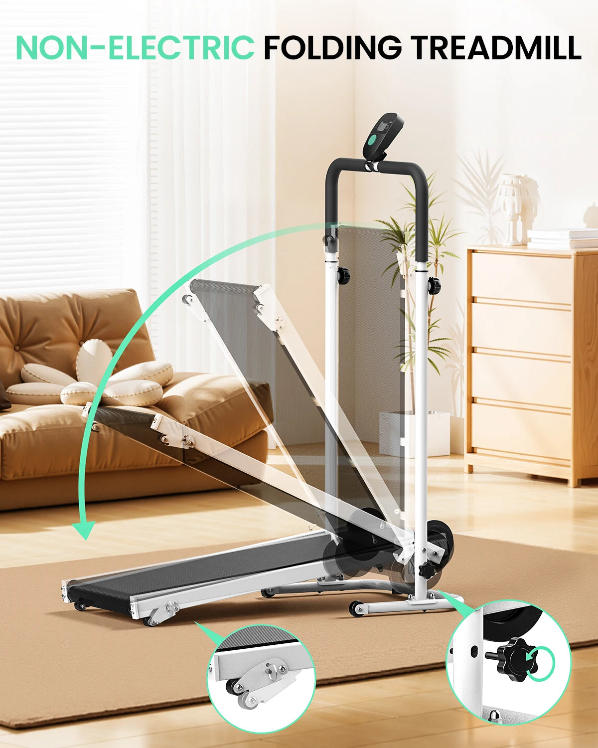 AKLUER Foldable Compact Non-Electric Treadmill - Dual Flywheel & Fixed Incline, LCDMonitor, Non-Slip Belt, Soft Foam Grips for Home/Gym Walking & Jogging