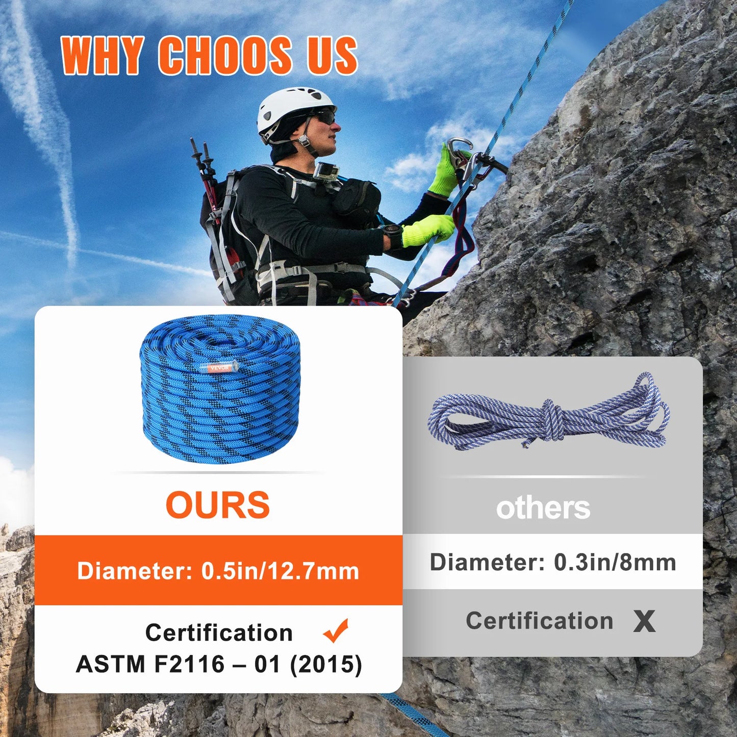 VEVOR Static Climbing Rope With Steel Snap Hooks 30 kN Breaking Strength