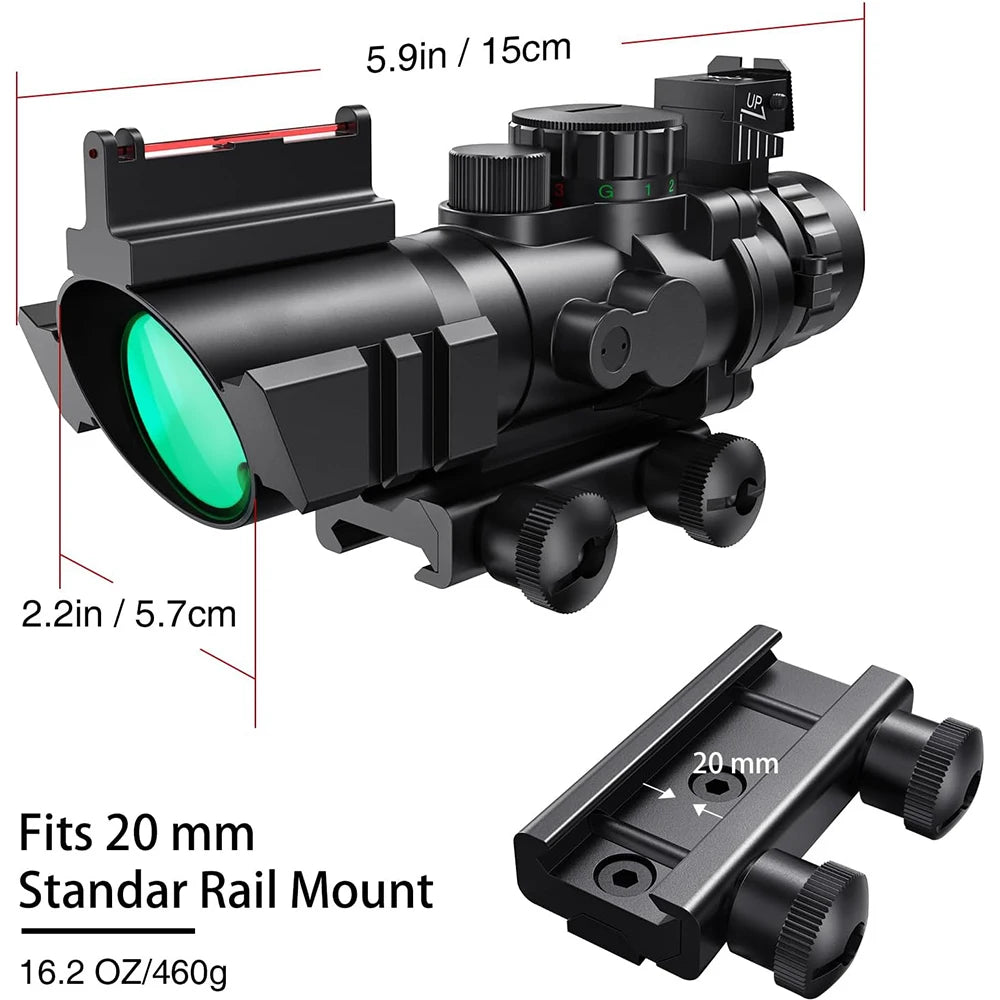 4x32 Tactical Scope with Fiber Optic Sight RGB Illuminated Reticle Prism Scope Hunting Scopes with 20 mm Picatinny Rail