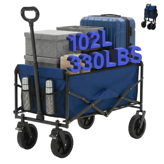 JHK 102L Heavy Duty Collapsible Wagon Cart Utility Folding Wagon with Wheels 330 lbs Weight CapacityFlexible Handle for Camping