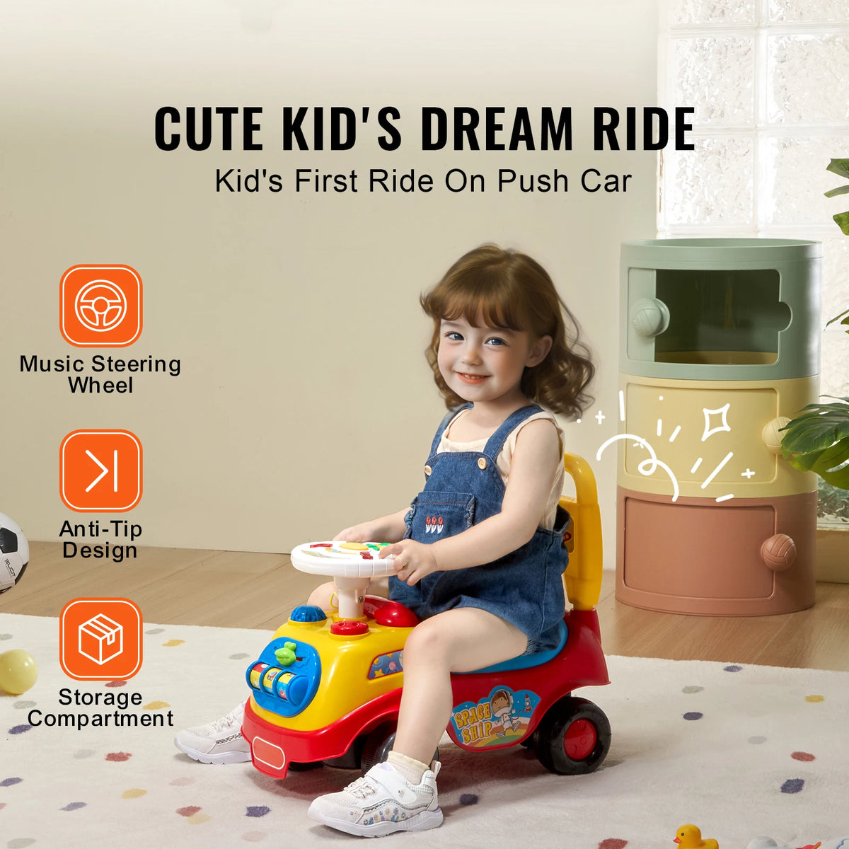 SucceBuy Toddler Push Ride On Car With Music Steering Wheel