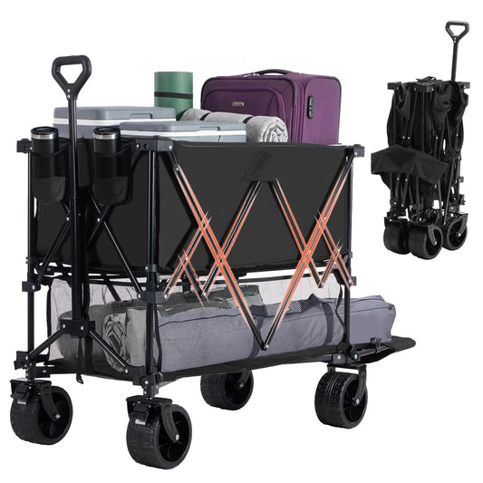 JHK Outdoor Double Decker Wagons Cart 440 lbs Large Capacity Collapsible Foldable Garden Beach Cart for Grocery Garden Camping