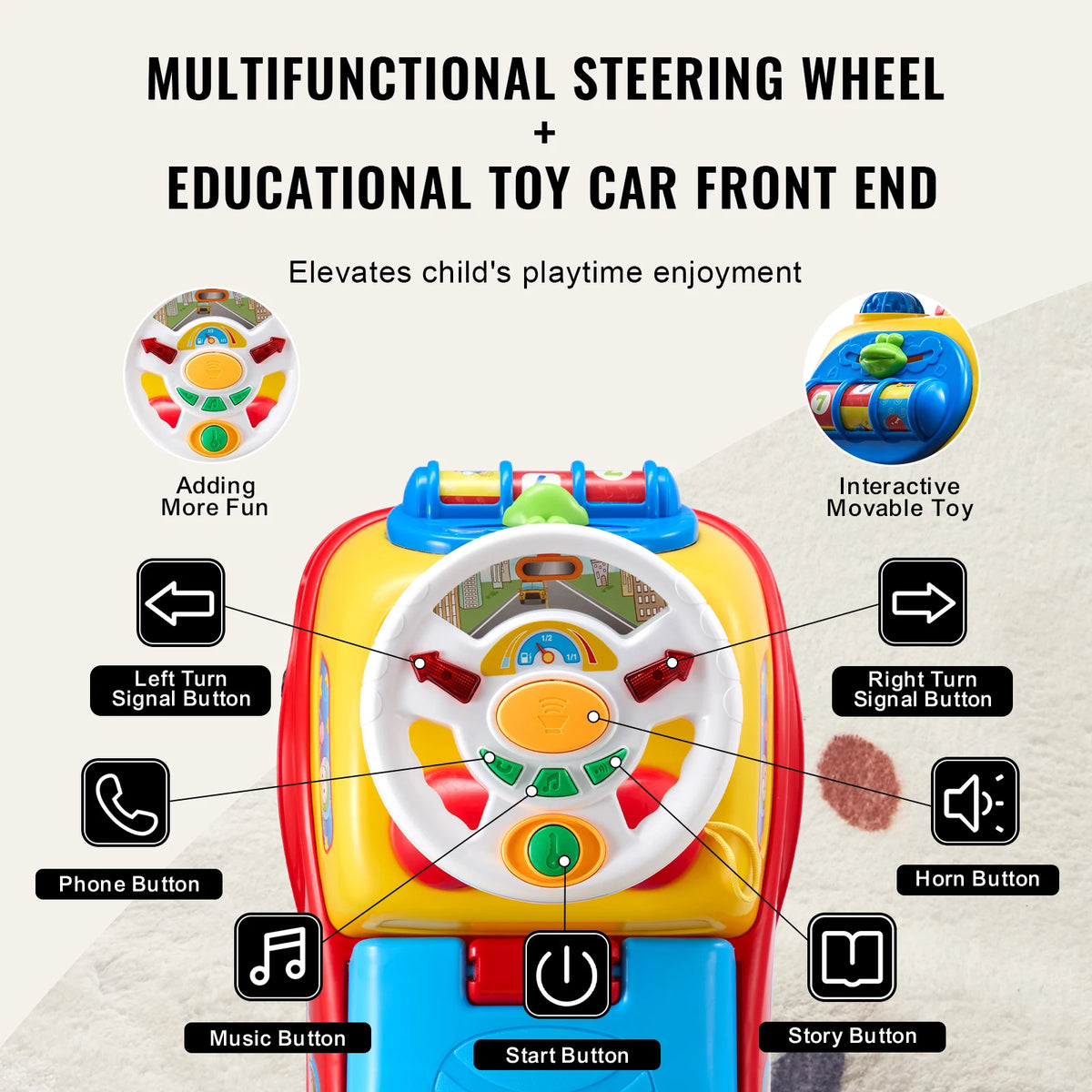 SucceBuy Toddler Push Ride On Car With Music Steering Wheel