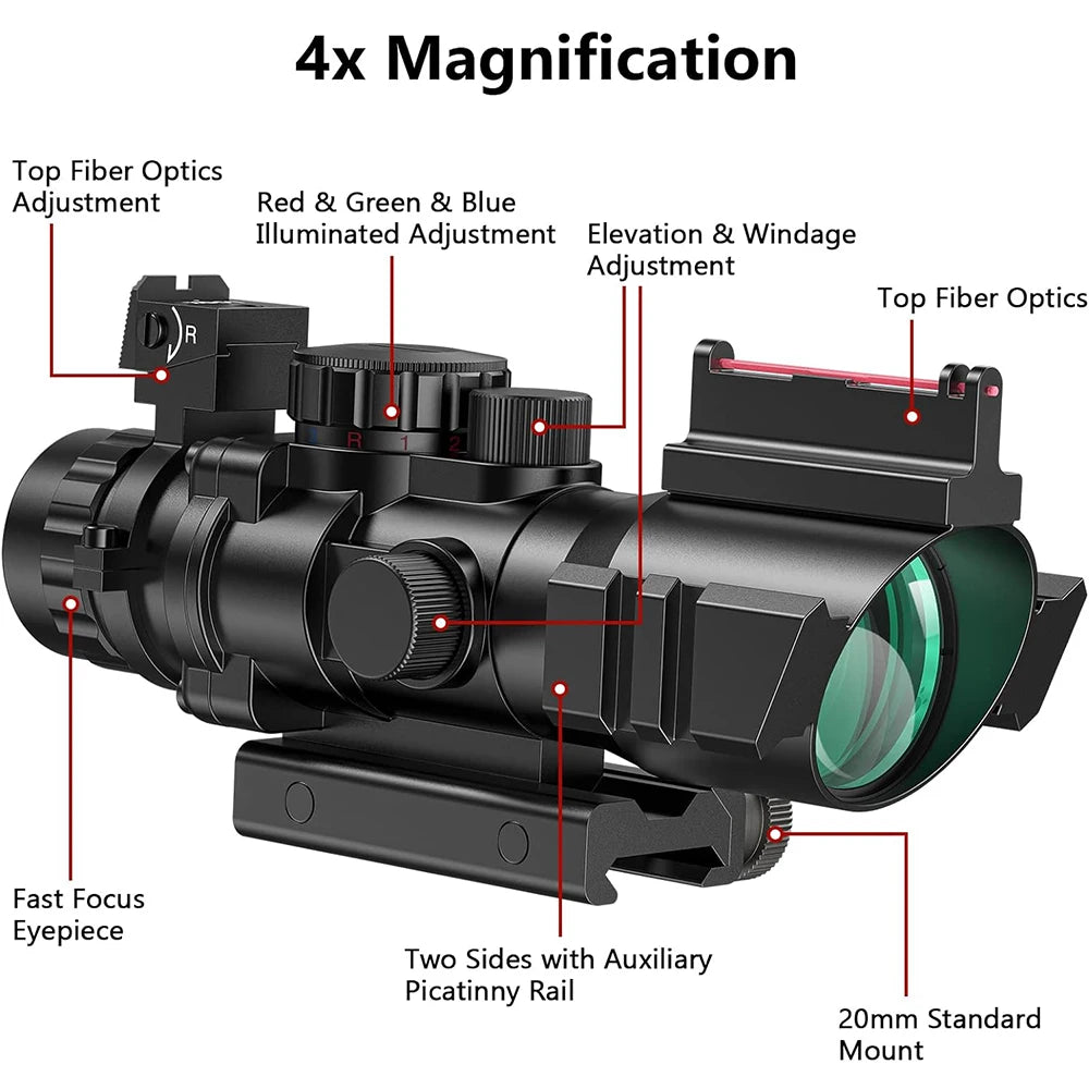 4x32 Tactical Scope with Fiber Optic Sight RGB Illuminated Reticle Prism Scope Hunting Scopes with 20 mm Picatinny Rail