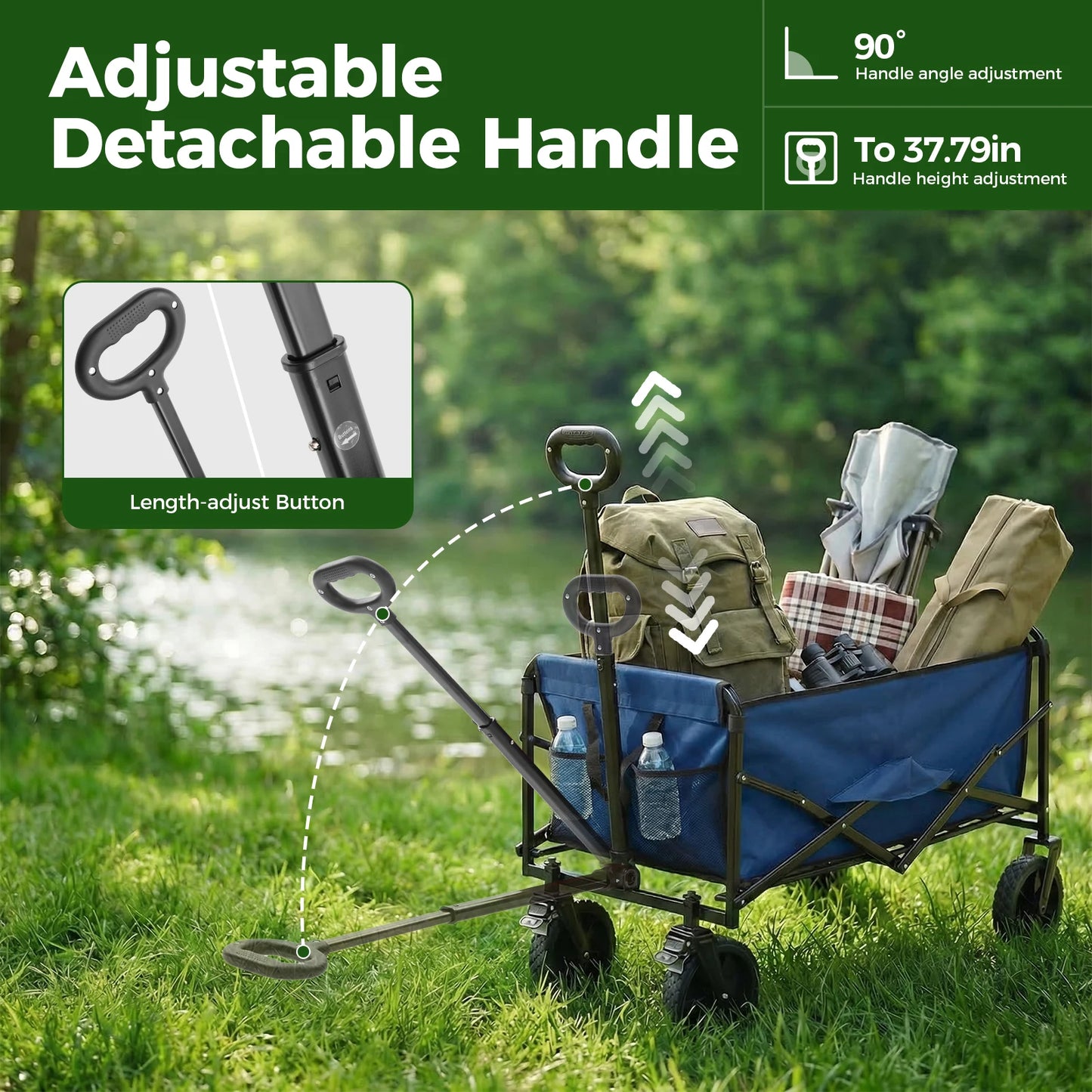 JHK 102L Heavy Duty Collapsible Wagon Cart Utility Folding Wagon with Wheels 330 lbs Weight CapacityFlexible Handle for Camping