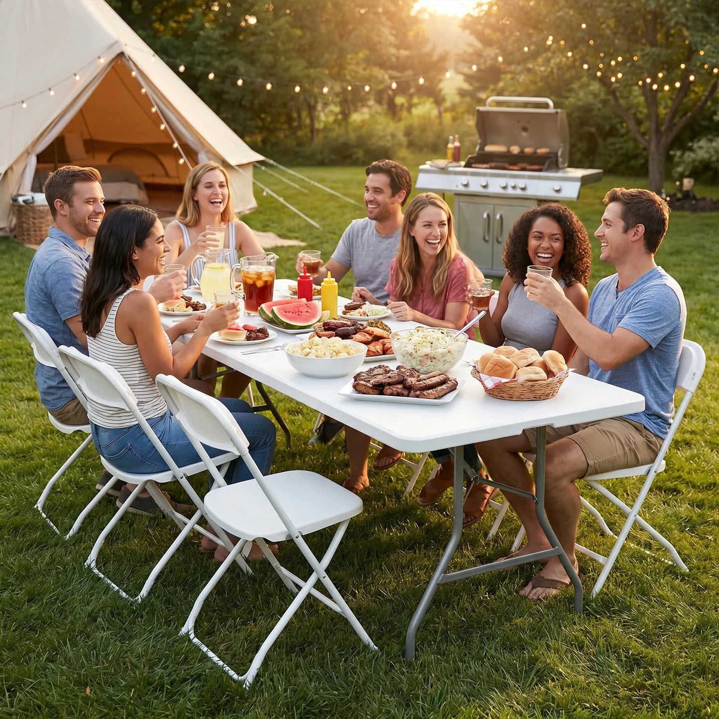 JHK 4/6/8 FT Portable Folding Outdoor Indoor Table Heavy Duty Foldable Table with Carrying Handle Safety Lock For Camping Picnic Dining