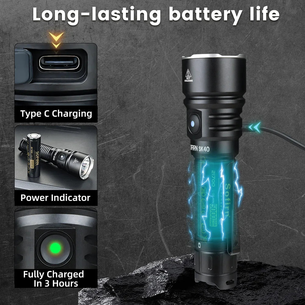 Sofirn SK40 SFT70 LED 3200lm Tactical Flashlight 21700 Rechargeable Powerful Torch 580M Long-Range With Spotlight