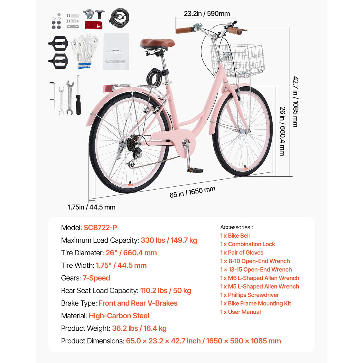 SucceBuy Beach Cruiser Bike With Basket And Rear Rack