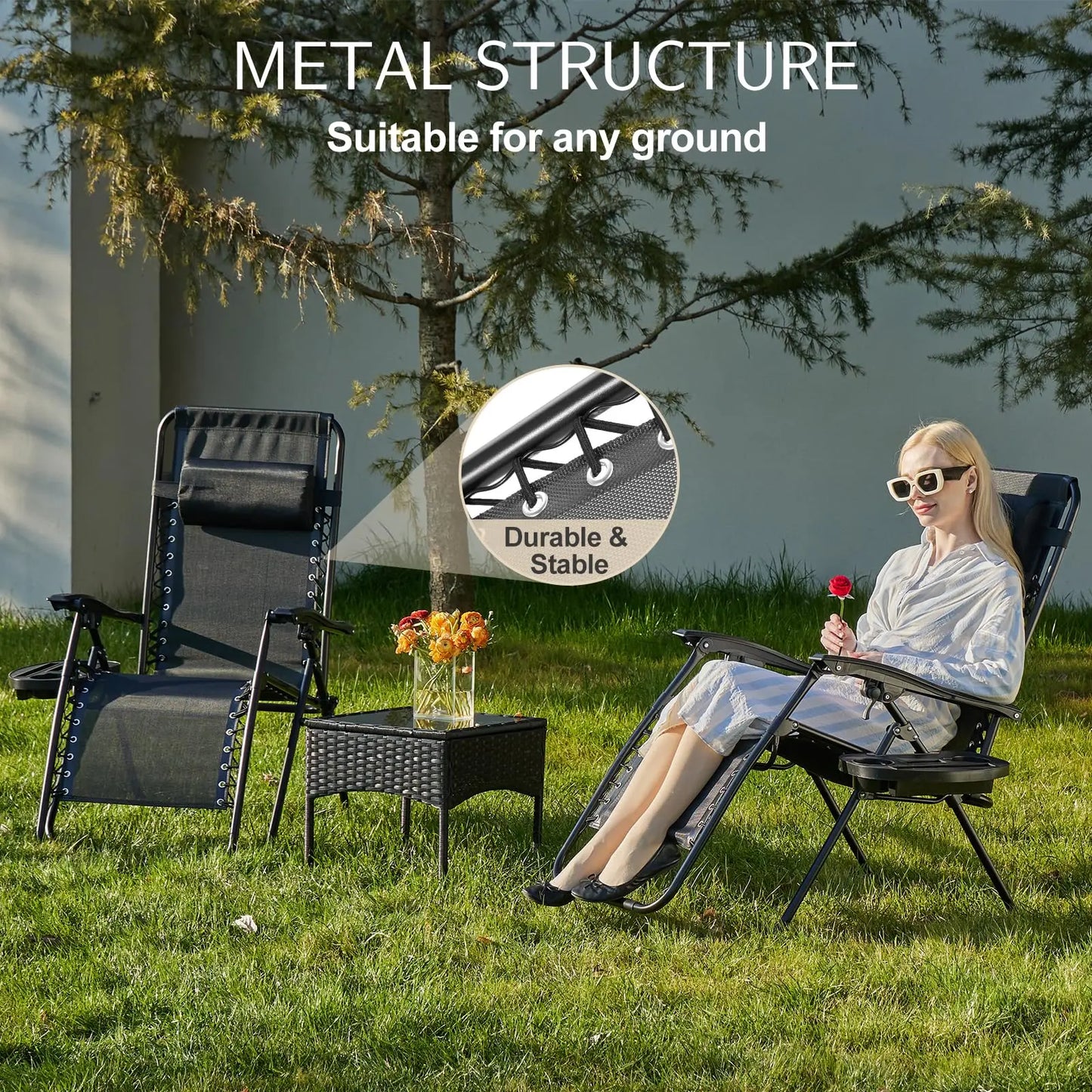 JHK Zero Gravity Portable Recliner Camping Patio Outdoor Garden Lounge Chair with Cup Holder Trays Adjustable Pillow for Backyard