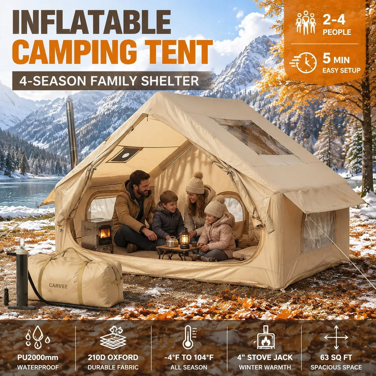 Inflatable Waterproof Camping Tent With Stove Jack And Mesh Windows