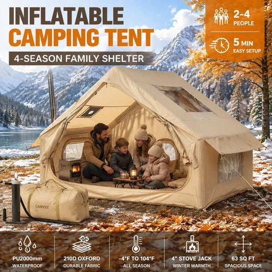 Inflatable Waterproof Camping Tent With Stove Jack And Mesh Windows