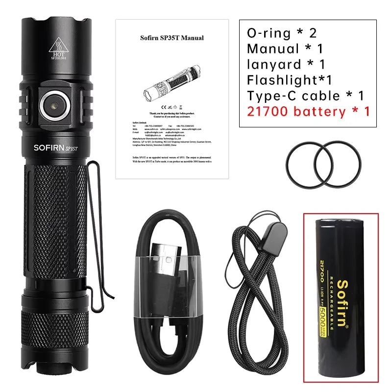 Sofirn SP35T 3800lm Tactical 21700 Flashlight Powerful LED Light USB C Rechargeable Torch with Dual Switch Power Indicator ATR