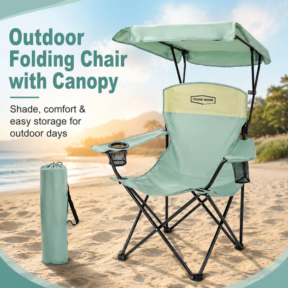 Portable Beach Chair with Cup Holder & Side Pocket, Duty Lawn Chair with Carry Bag for Camping, Beach, Fishing, Patio, Hiking,YOUNG WOOD Outdoor Folding Camping Chair with Adjustable Canopy