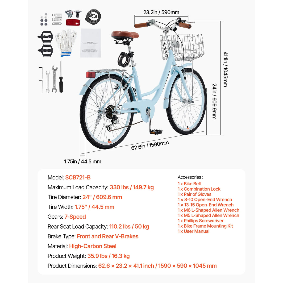 SucceBuy Beach Cruiser Bike With Basket And Rear Rack