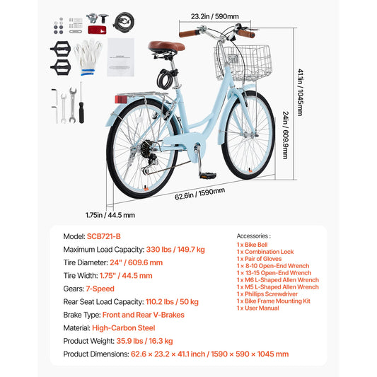 SucceBuy Beach Cruiser Bike With Basket And Rear Rack