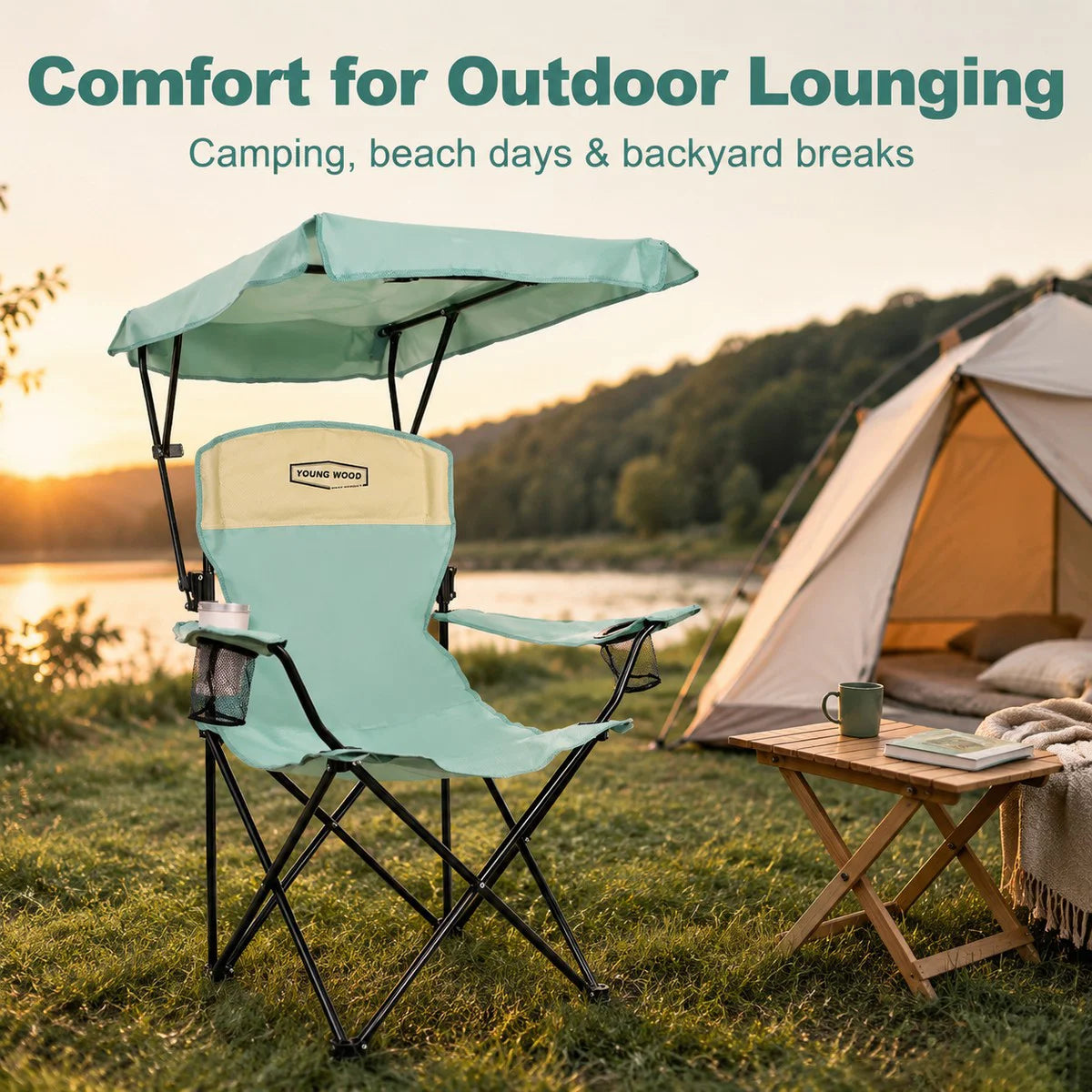 Portable Beach Chair with Cup Holder & Side Pocket, Duty Lawn Chair with Carry Bag for Camping, Beach, Fishing, Patio, Hiking,YOUNG WOOD Outdoor Folding Camping Chair with Adjustable Canopy