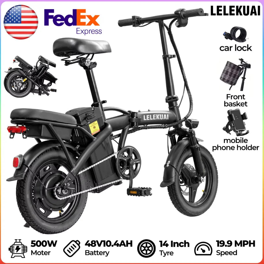 Adult and adolescent folding electric bicycles, 14 inch 500W 24MPH 48V 10Ah battery, 3-level pedal assist, 14 inch foldable mini