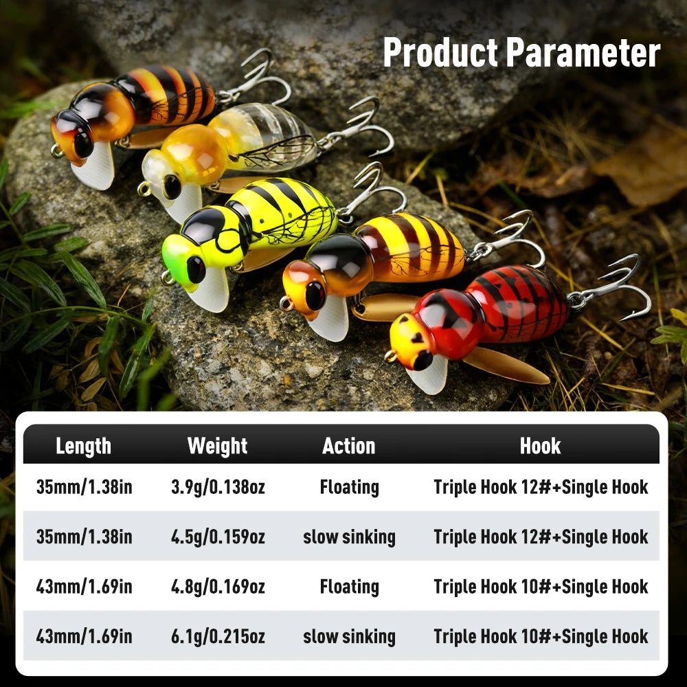 Kingdom 3Pcs Wasp Minnow Topwater Fishing Lure Two Types 35mm 3.9g Floating Spinner Single Hook Artificial Hard Baits Bass Pike