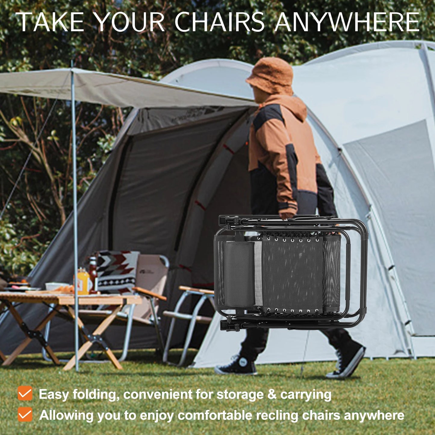 JHK Zero Gravity Portable Recliner Camping Patio Outdoor Garden Lounge Chair with Cup Holder Trays Adjustable Pillow for Backyard
