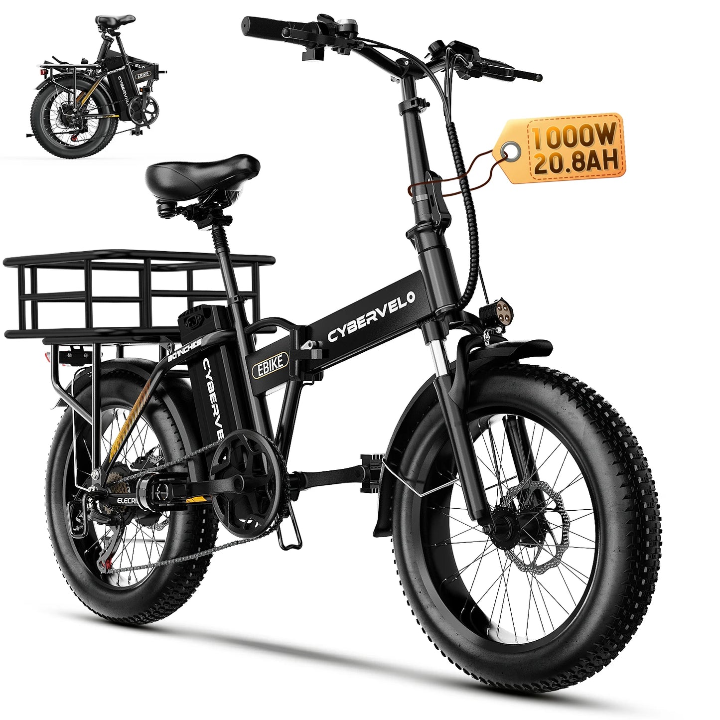 Cybervelo 1000W Peak High-speed Brushless Folding 20 Inch Fat Tire Electric Bike for Adults 48V 20.8Ah/50Ah Removable Battery 80 Miles Range Commuter E-Bicycle EK4