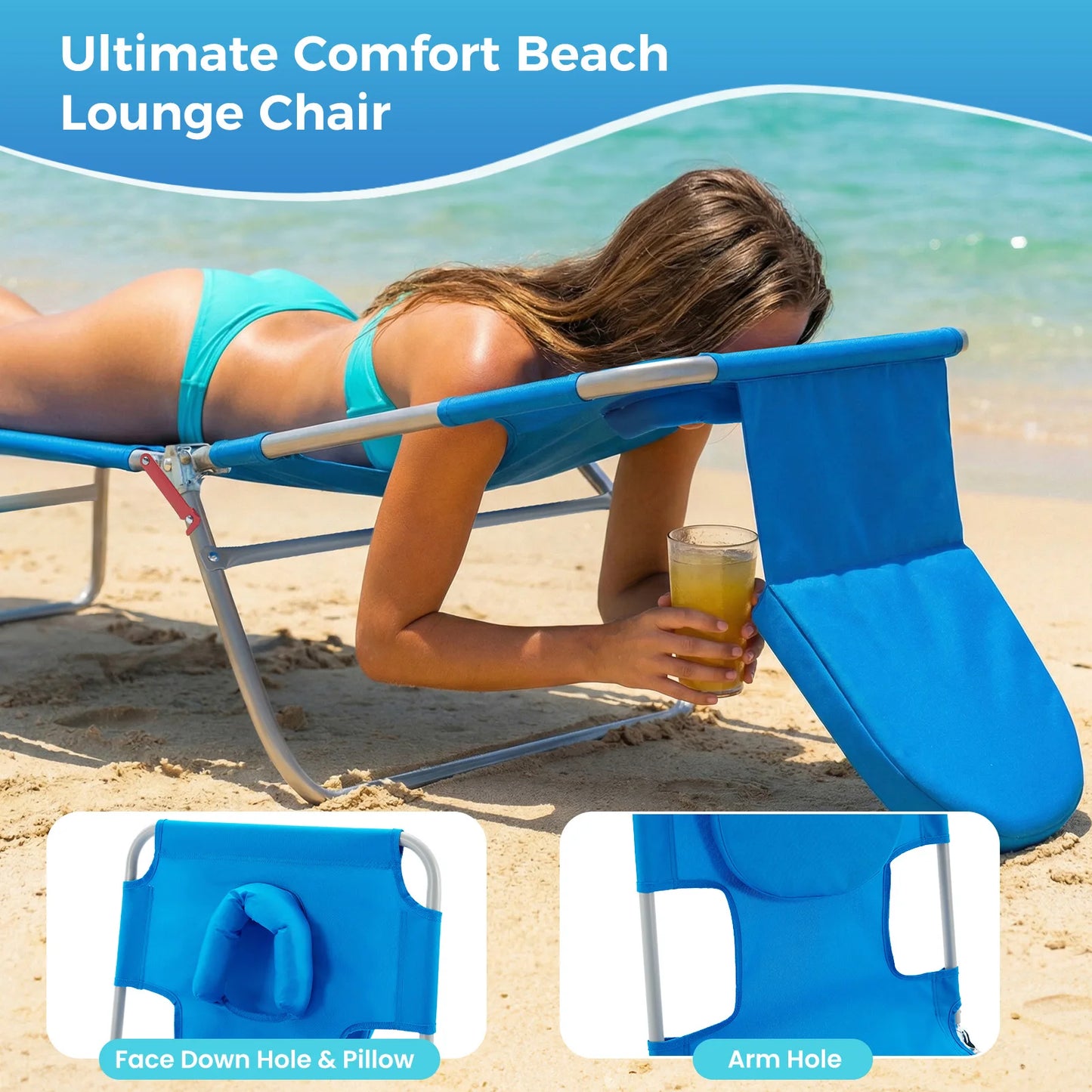 JHK 5-Position Adjustable Recline Beach Lounge Chair Portable Folding Sun Chairs with Face Arm Holes Max Load 225LBS for Patio