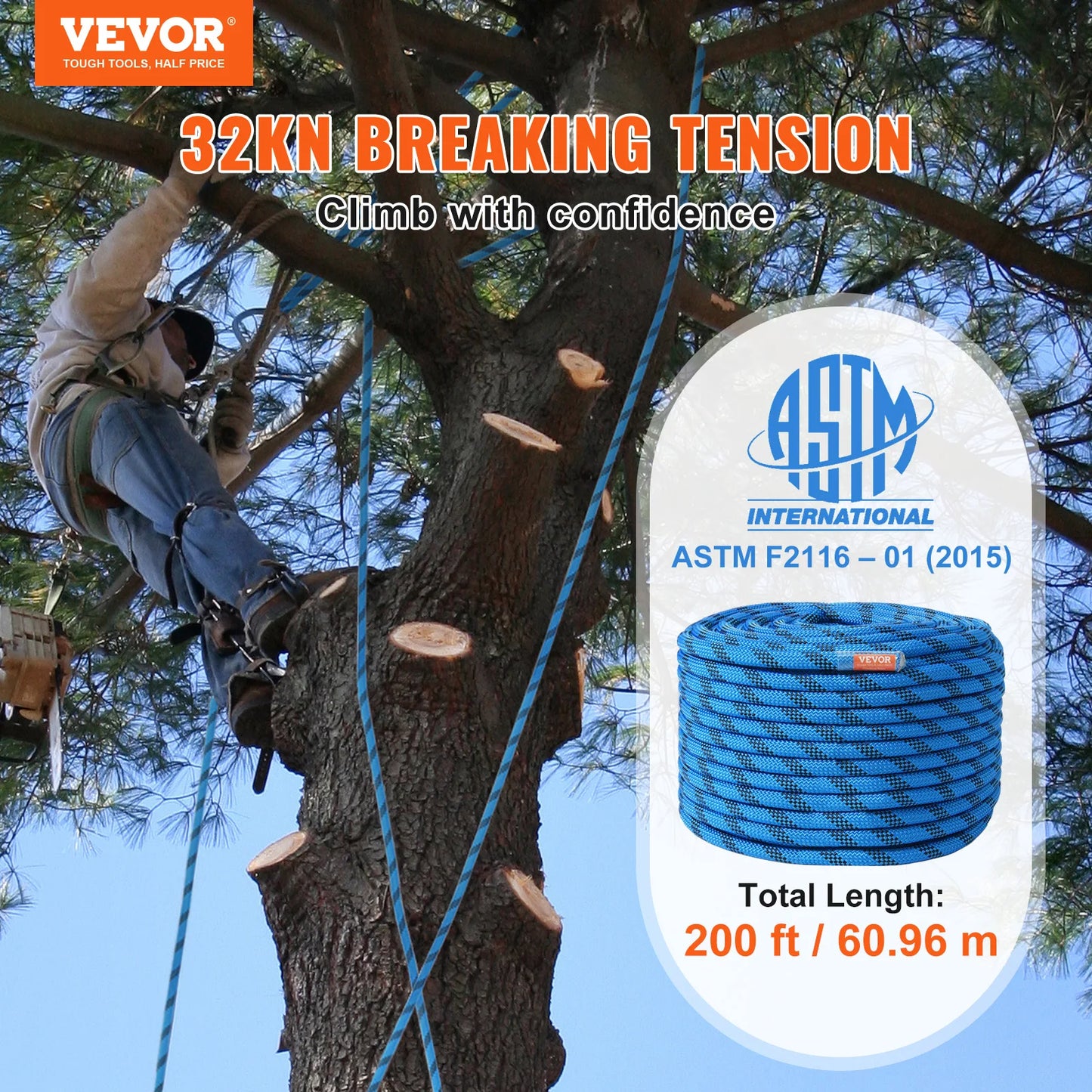 VEVOR Static Climbing Rope With Steel Snap Hooks 30 kN Breaking Strength