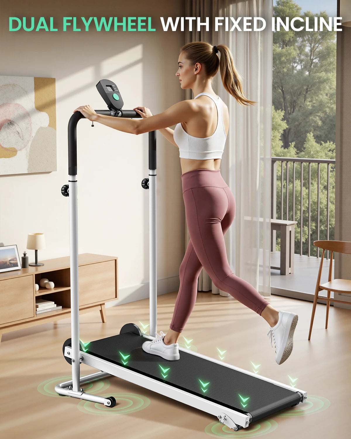 AKLUER Foldable Compact Non-Electric Treadmill - Dual Flywheel & Fixed Incline, LCDMonitor, Non-Slip Belt, Soft Foam Grips for Home/Gym Walking & Jogging
