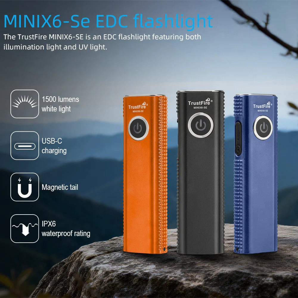 Trustfire MINIX6-SE 1500 Lumens EDC LED Flashlight IPX6 Rechargeable LED Torch with White UV Light Lantern Strobe SOS Magnetic Tail for Camping