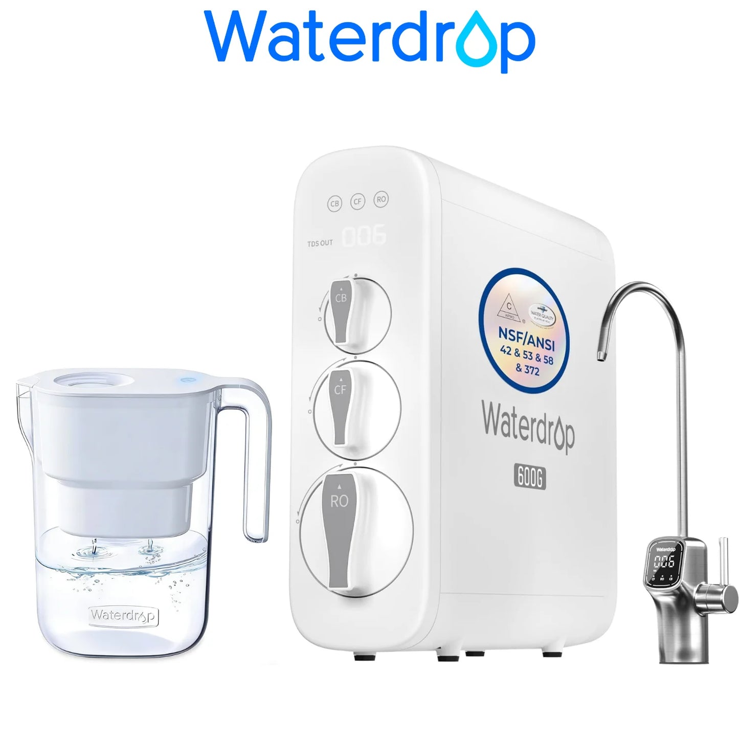 Waterdrop G3P600 Reverse Osmosis System, Smart LED Faucet, Including Waterdrop Water Filter Pitcher with 1 Filter