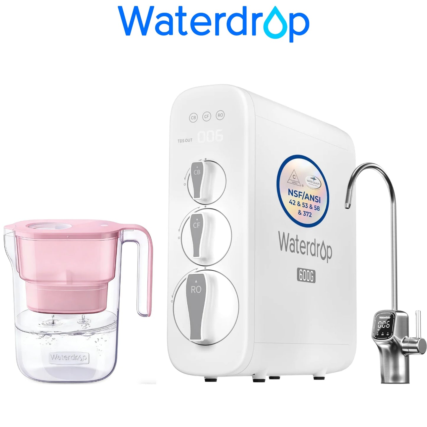 Waterdrop G3P600 Reverse Osmosis System, Smart LED Faucet, Including Waterdrop Water Filter Pitcher with 1 Filter