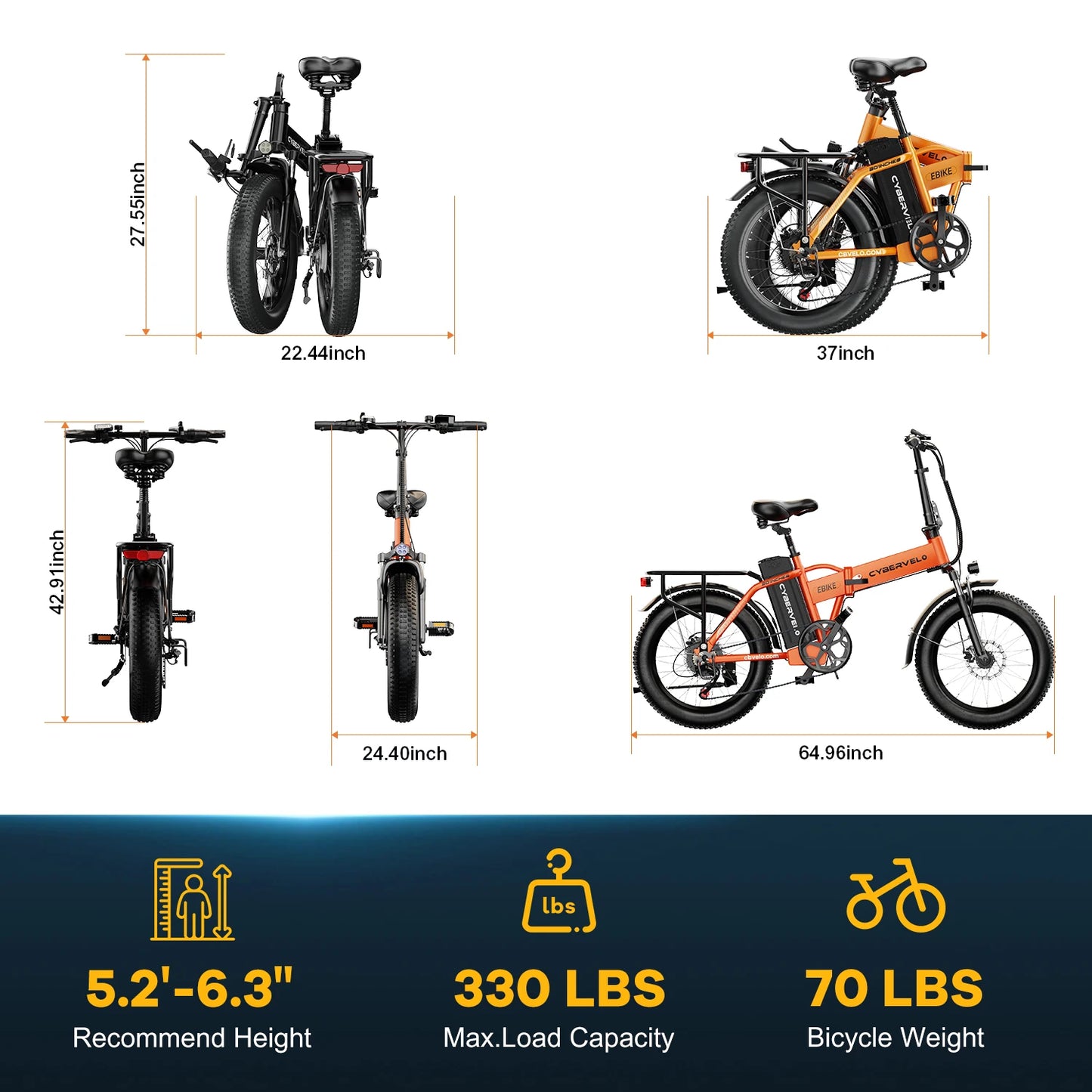 Cybervelo 1000W Peak High-speed Brushless Folding 20 Inch Fat Tire Electric Bike for Adults 48V 20.8Ah/50Ah Removable Battery 80 Miles Range Commuter E-Bicycle EK4
