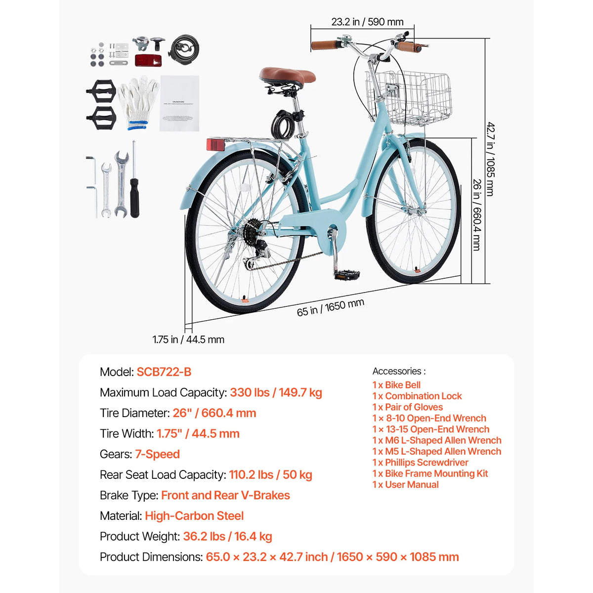 SucceBuy Beach Cruiser Bike With Basket And Rear Rack
