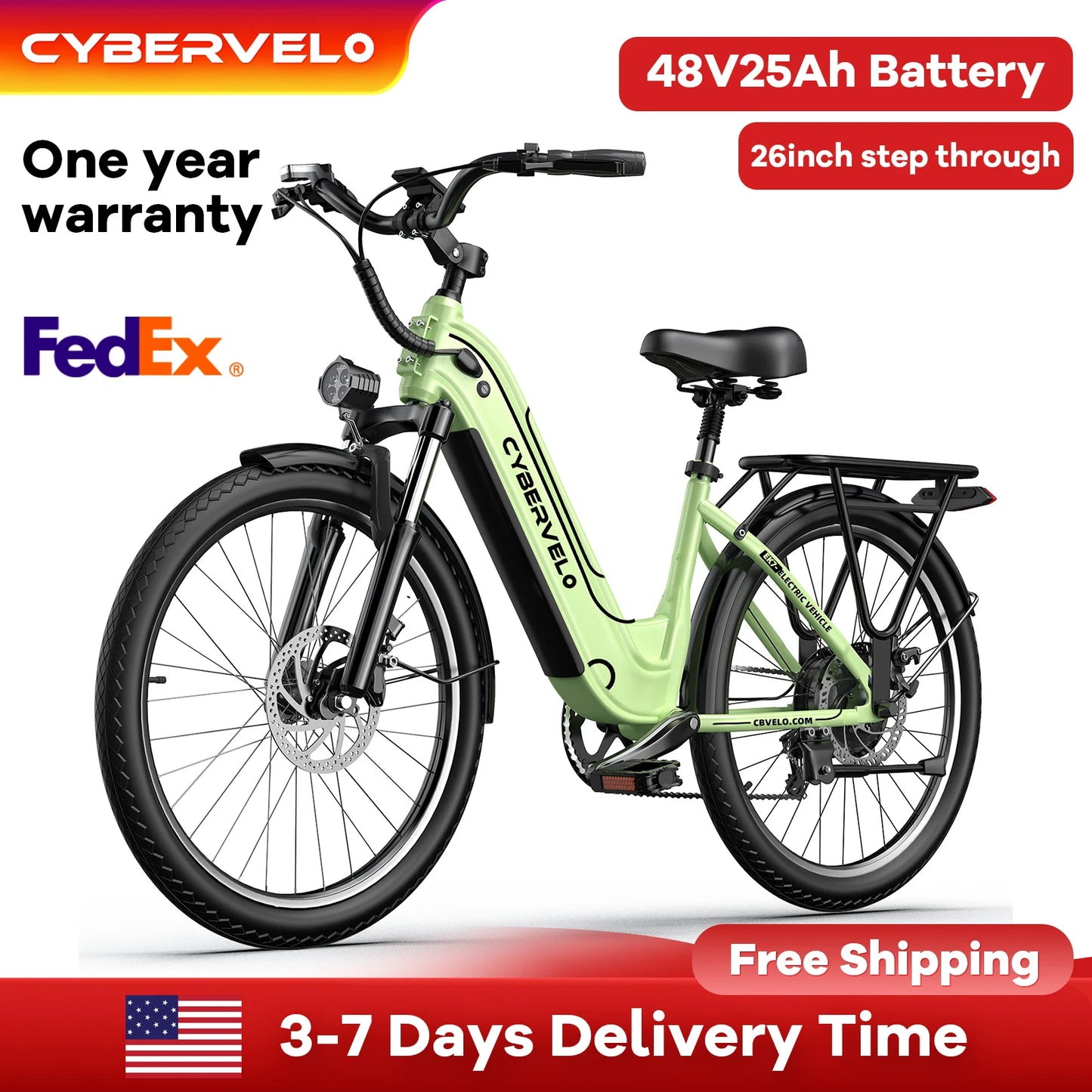 CYBERVELO EK7 Step Through Electric Bike 1000W 48V Battery