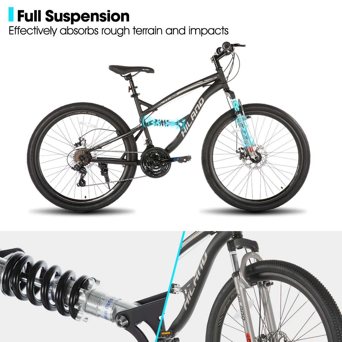 Hiland Full Suspension Mountain Bike 21 Speed Dual Disc Brakes