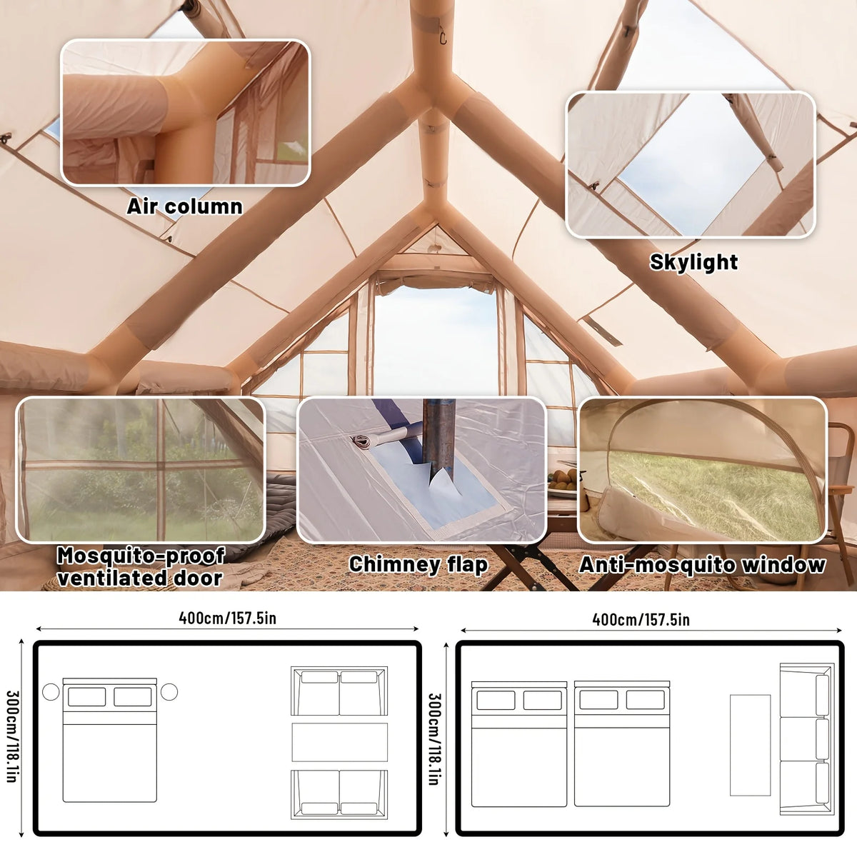 Inflatable Camping Tent for 4-8 People- Quick SetupBlow-Up Tent, 4-Season Versatile, Waterproof PortableOutdoor Tent with Stove