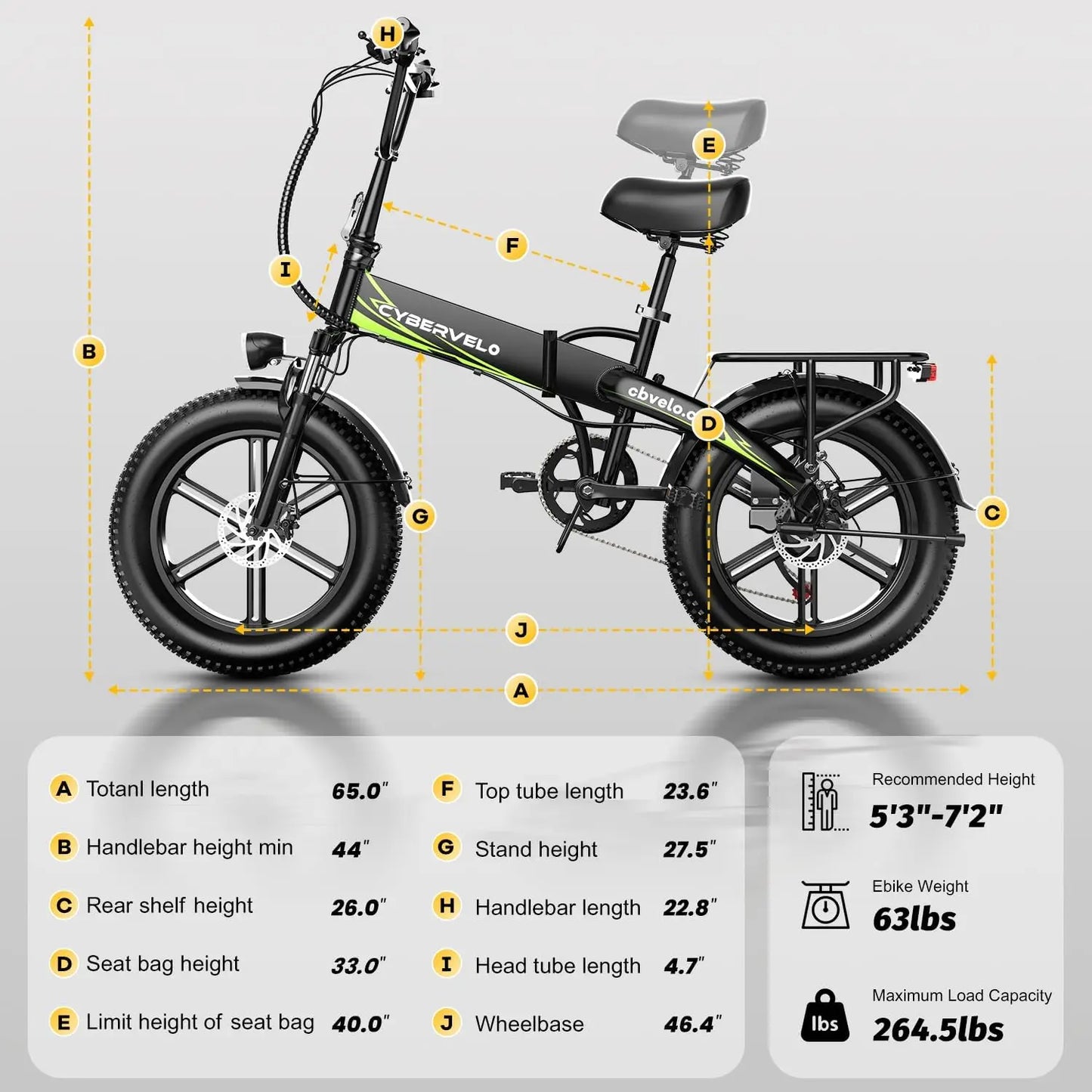 Cybervelo 1000W Folding Ebike 20" Fat Tire 48V 20AH Removable Battery 28+MPH 80 Miles 7-Speed Adult Electric Bike EK5