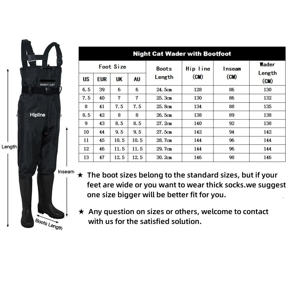 Night Cat Waterproof Fishing Waders: Hunting Chest Waders with Bootfoot and Belt For Man Woman Fishing Washing Farming Working Breathable, Lightweight, Black  Sizes 6.5–13