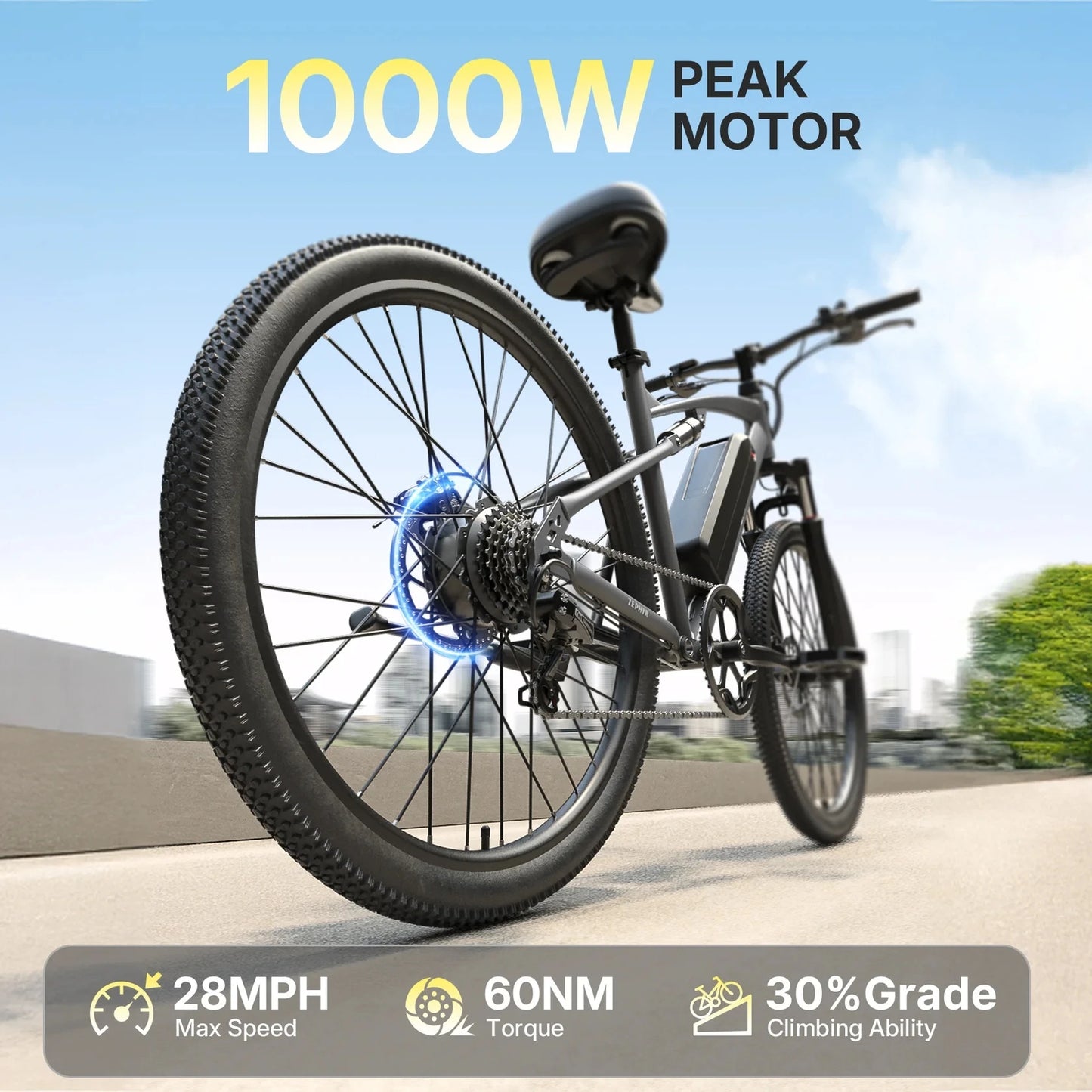 QRONGE Zephyr Electric Bike for Adults 1000W Peak Motor 486Wh Battery Mountain Electric Bicycle 26'' Tire Full Suspension E-bike