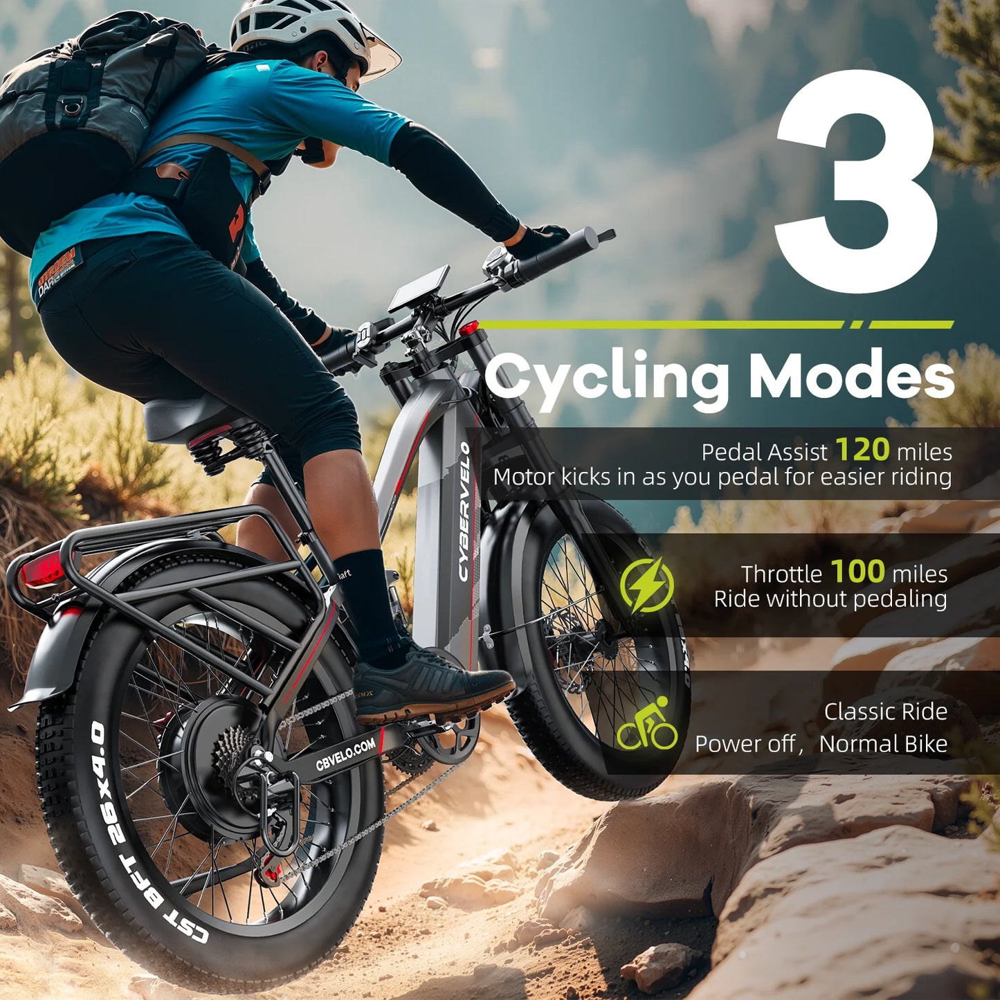 Cybervelo 5000W Peak Electric Bike for Adults 26"x4.0 Fat Tire All Terrain Electric Mountain Ebike Commuter E-Bike 7-Speed Up to 120 Miles 52V 40Ah/60V 50Ah Removable Battery EK9