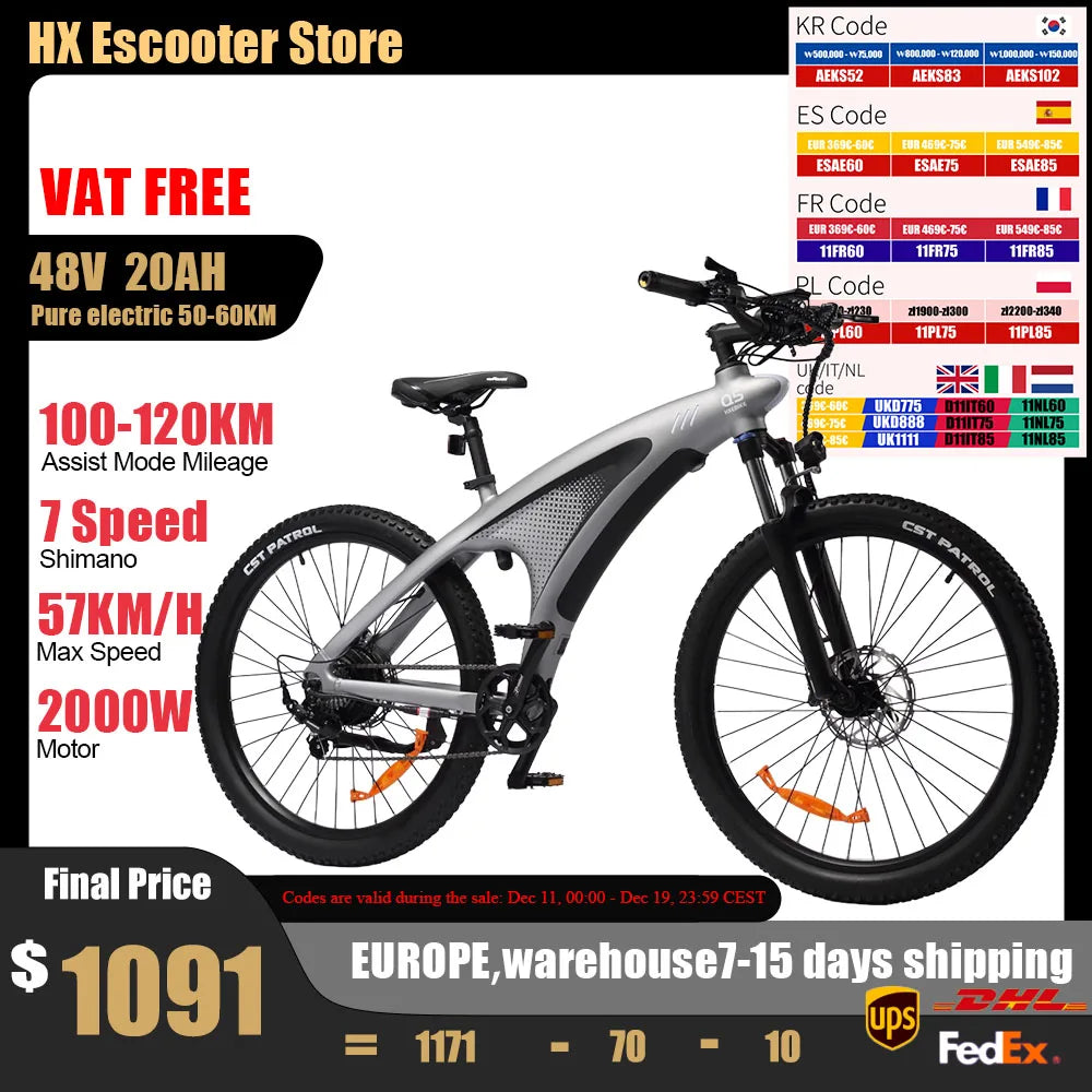 HX Q5 Ebike 2000W Torque Sensor Adults Electric Bike 85Nm 57KM/H Electric Bicycle 27.5“ Removable Battery Electric Mountain Bike